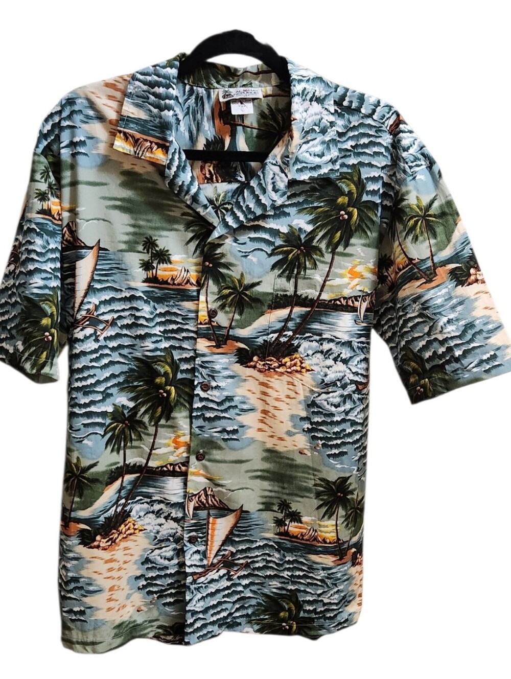 Vtg. Aloha Republic Hawaiian Shirt Men's Large Blue Green Sailboat Palm Trees